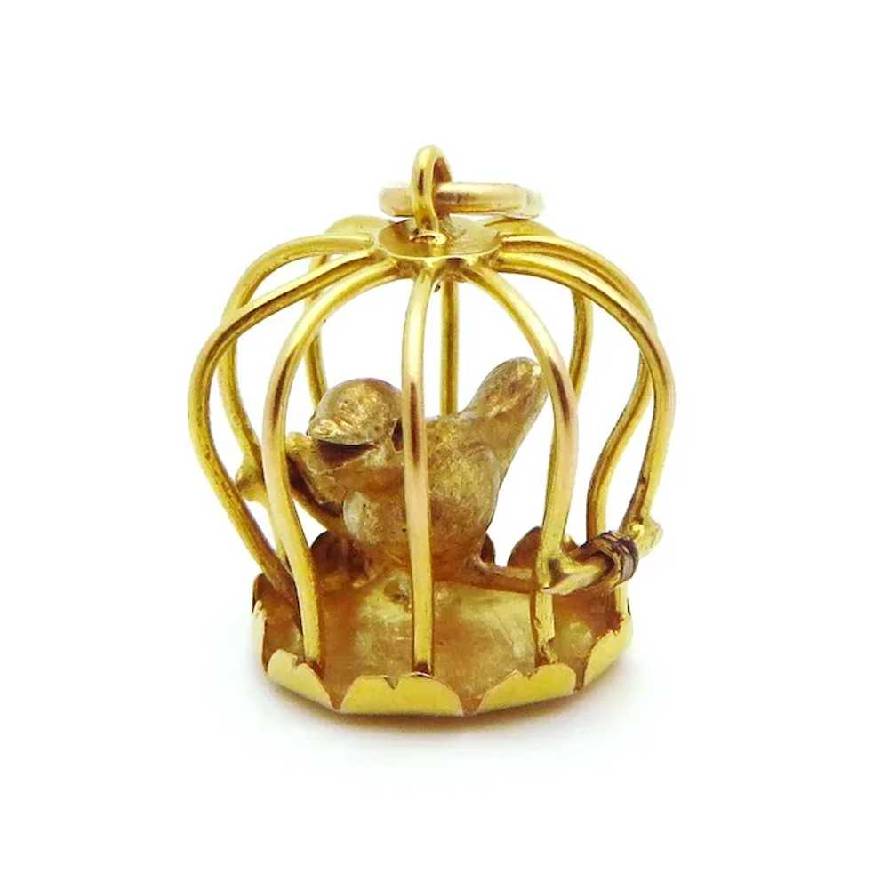 Vintage 14K Gold 3D Bird Singing in Birdcage Char… - image 6