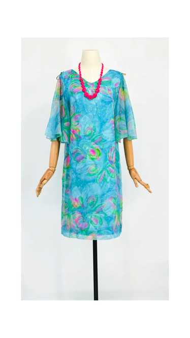 1960 Blue/Green Watercolor Chiffon Dress - image 1