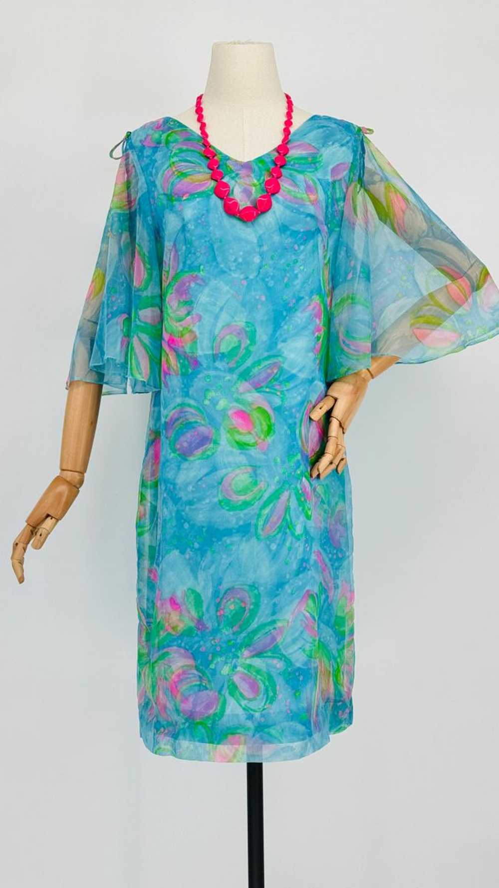 1960 Blue/Green Watercolor Chiffon Dress - image 4