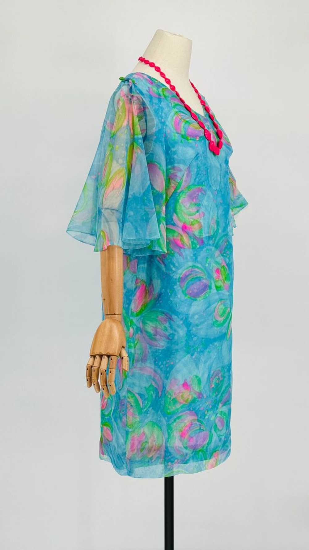 1960 Blue/Green Watercolor Chiffon Dress - image 5