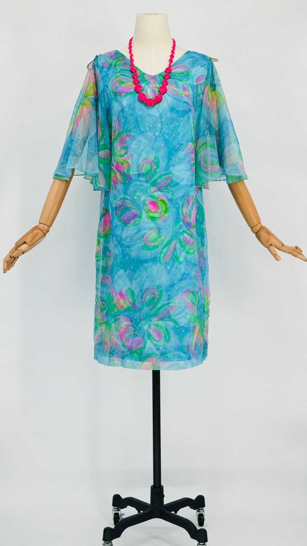 1960 Blue/Green Watercolor Chiffon Dress - image 6