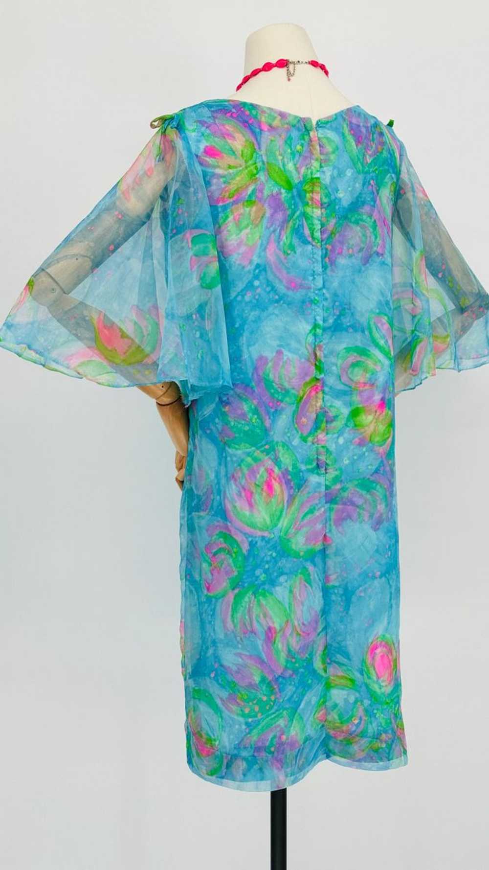 1960 Blue/Green Watercolor Chiffon Dress - image 8