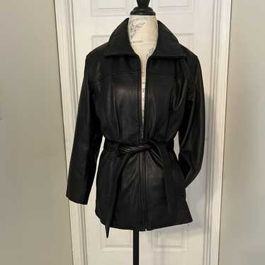 Vintage 90s Y2K Black Leather Belted Jacket Size … - image 1