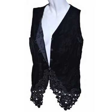Vintage Black Velvet and Lace Trimmed Vest
