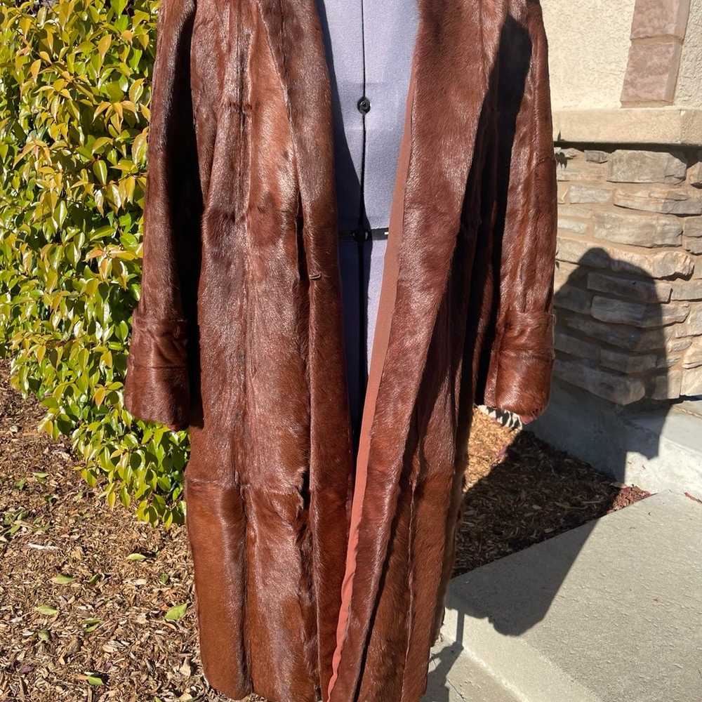 RARE Vintage Calf Hide Hair Fur Long Coat Brown W… - image 2