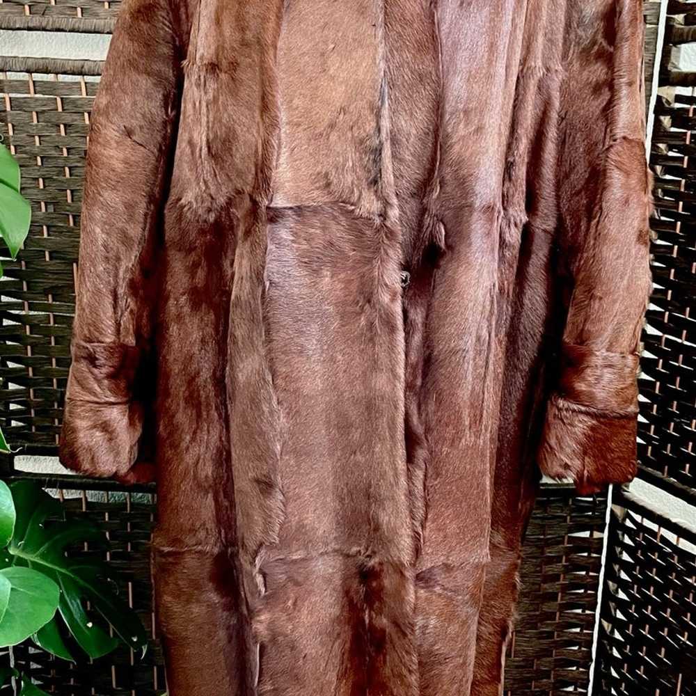 RARE Vintage Calf Hide Hair Fur Long Coat Brown W… - image 5