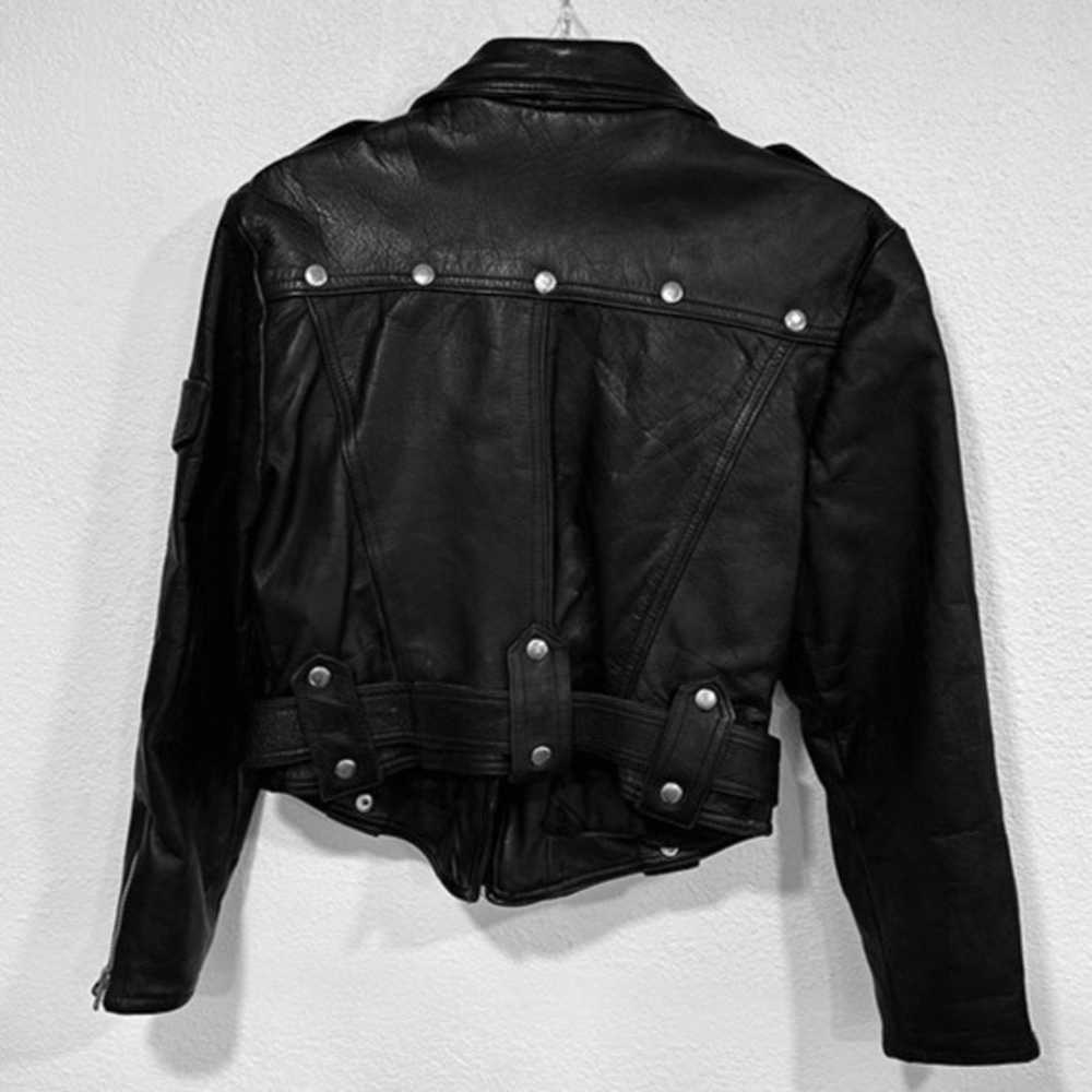 Vintage Black Leather Motorcycle Biker Crop Jacke… - image 2