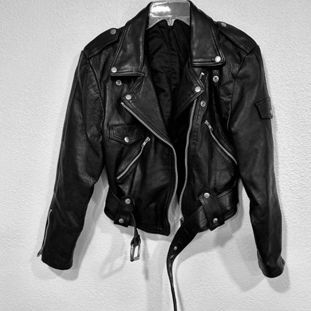 Vintage Black Leather Motorcycle Biker Crop Jacke… - image 3