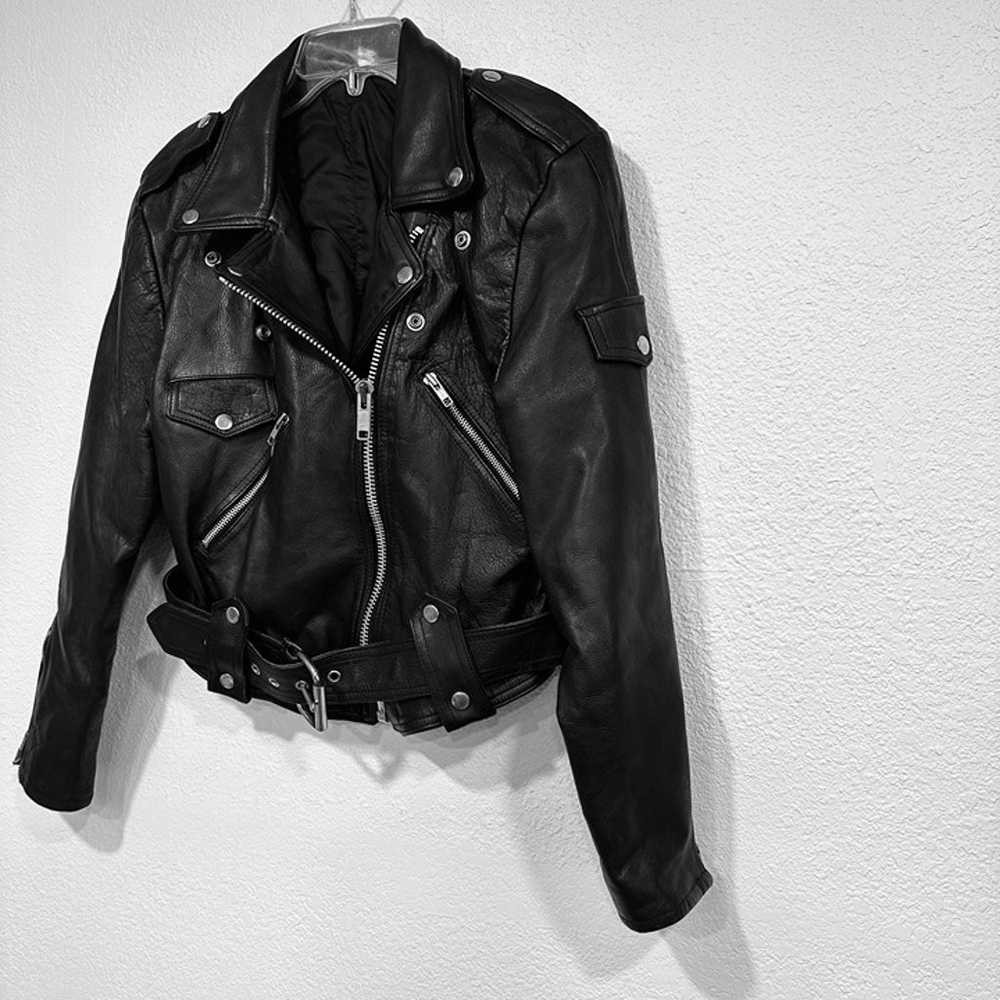 Vintage Black Leather Motorcycle Biker Crop Jacke… - image 4