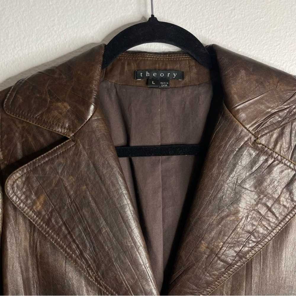 Theory Brown Leather Long Trench Coat Size Large - image 10