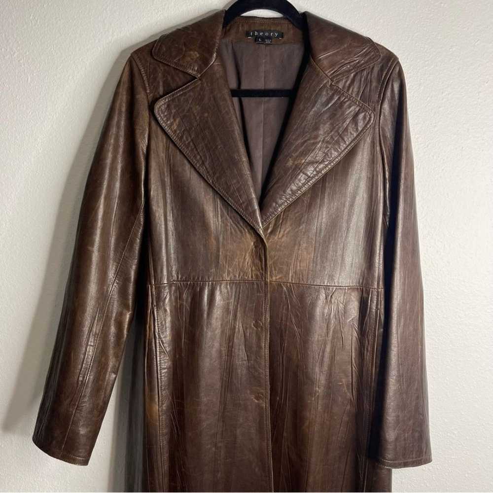 Theory Brown Leather Long Trench Coat Size Large - image 11