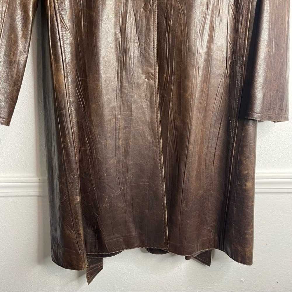 Theory Brown Leather Long Trench Coat Size Large - image 12