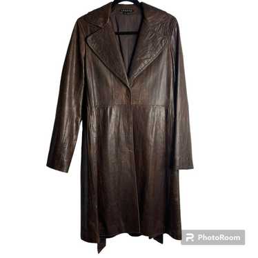 Theory Brown Leather Long Trench Coat Size Large - image 1