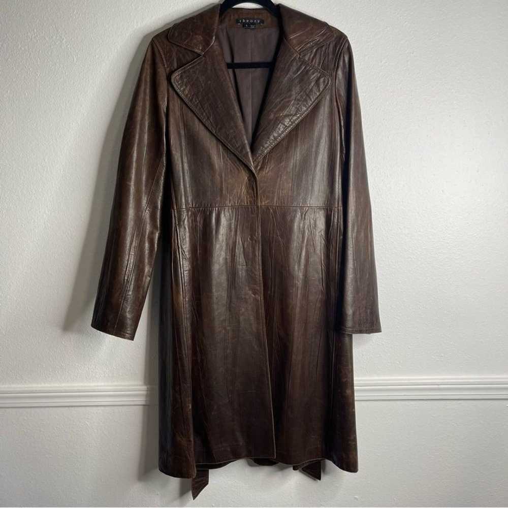 Theory Brown Leather Long Trench Coat Size Large - image 2
