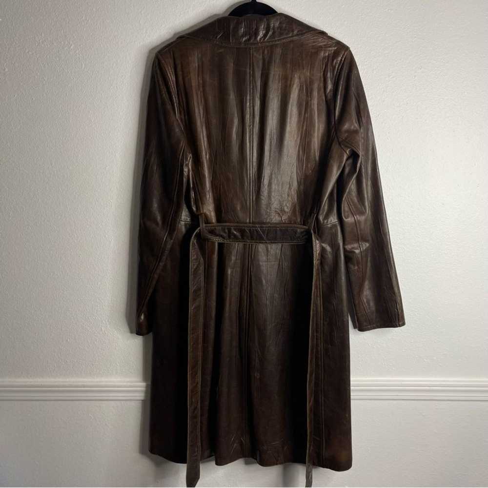 Theory Brown Leather Long Trench Coat Size Large - image 3