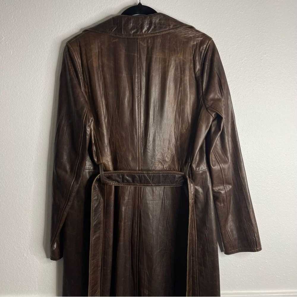 Theory Brown Leather Long Trench Coat Size Large - image 4