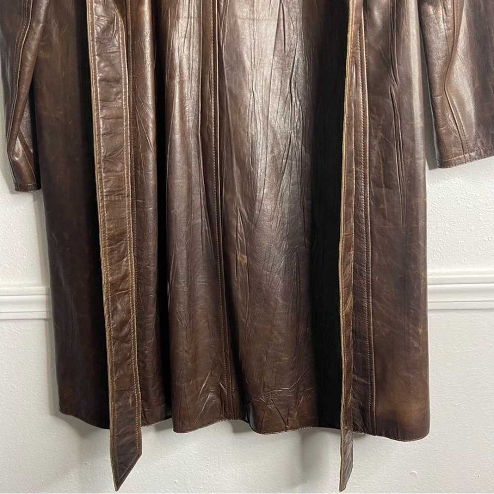 Theory Brown Leather Long Trench Coat Size Large - image 6