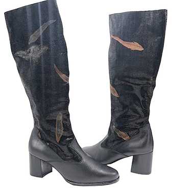 Vintage black leather feather boots size 8 wester… - image 1