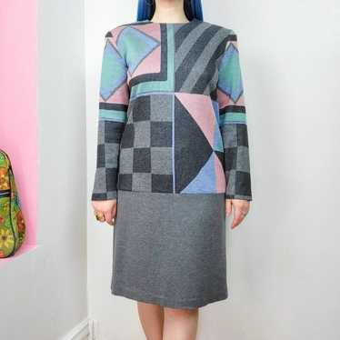 Vintage 80s Multi Color Geometric Print Knit Dress