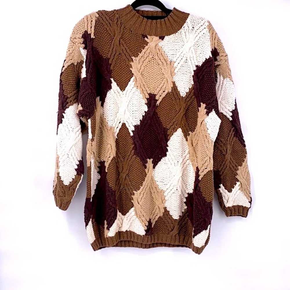 Vintage brown tan white textured cable knit overs… - image 1