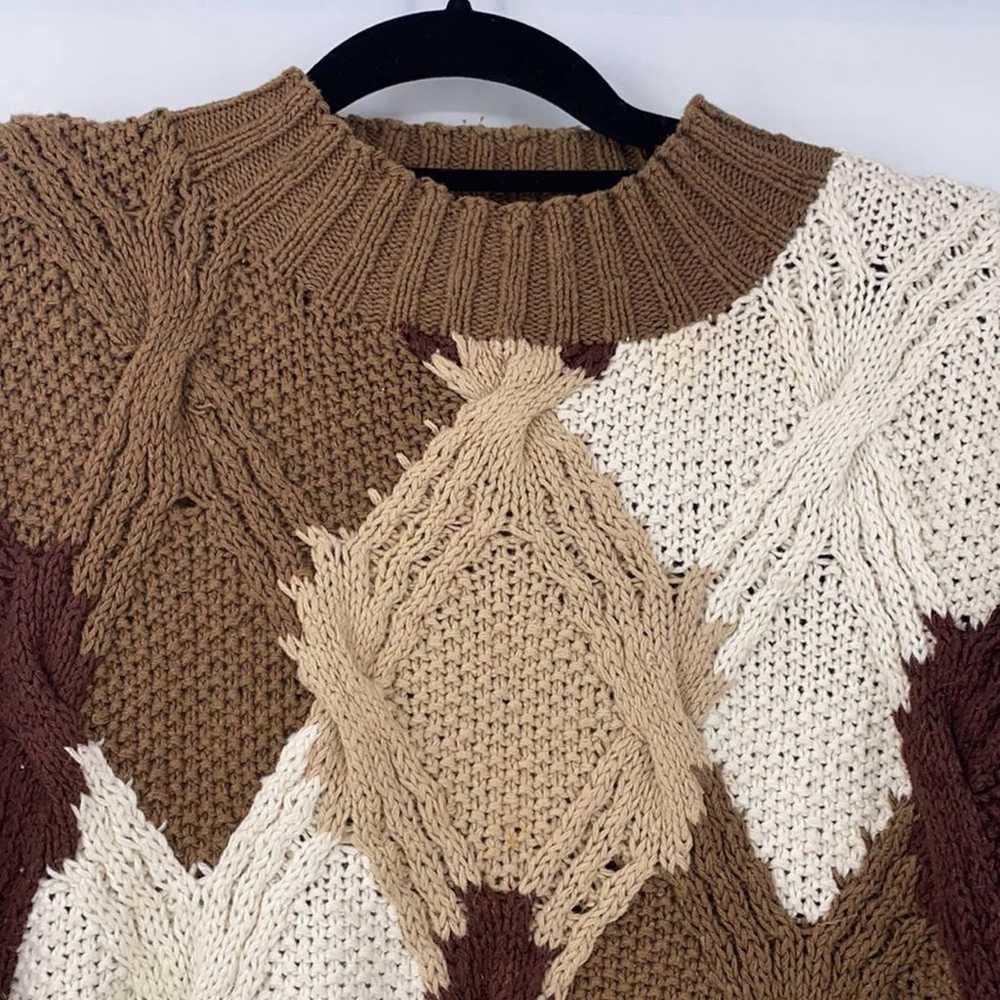 Vintage brown tan white textured cable knit overs… - image 3