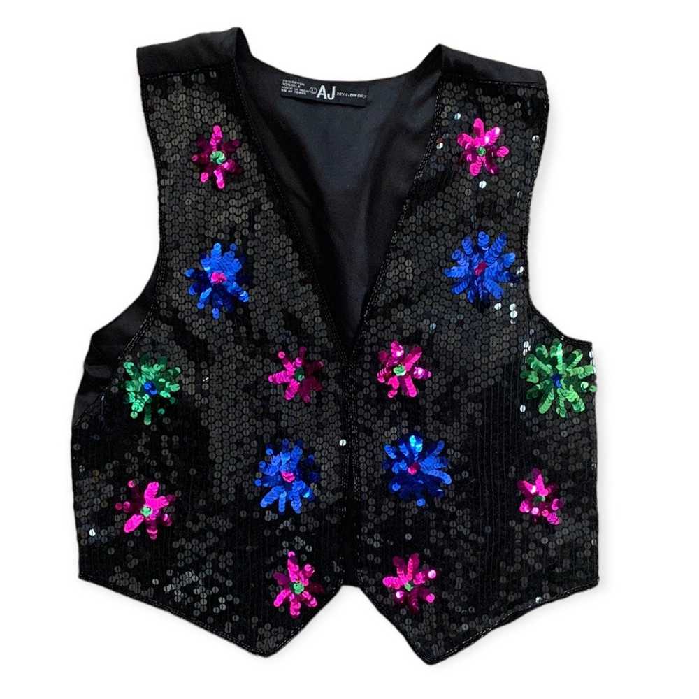 womens large Vintage 80s sequin vest floral print… - image 1
