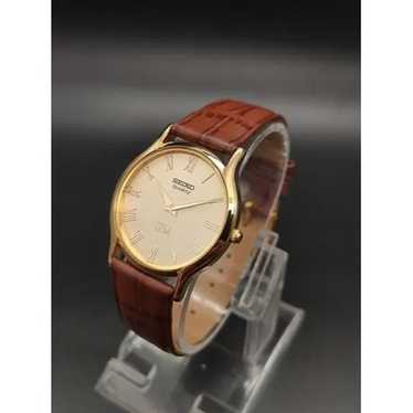 Vintage Style Seiko Quartz Mens Gold Watch & Brow… - image 1