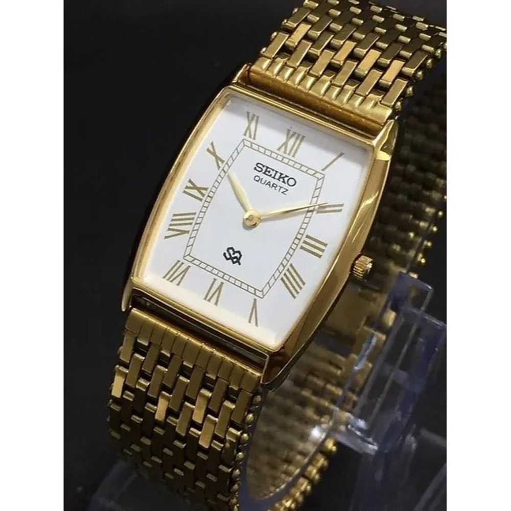 Vintage Style Seiko Quartz Mens Gold Watch & Whit… - image 2