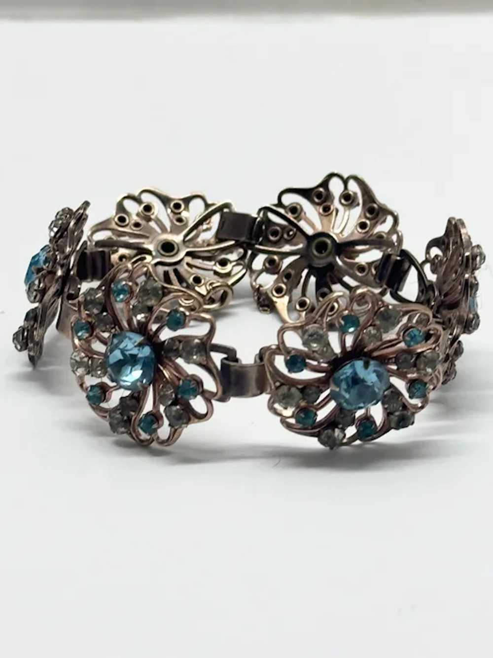 Vintage rose gold blue flower rhinestone bracelet - image 3