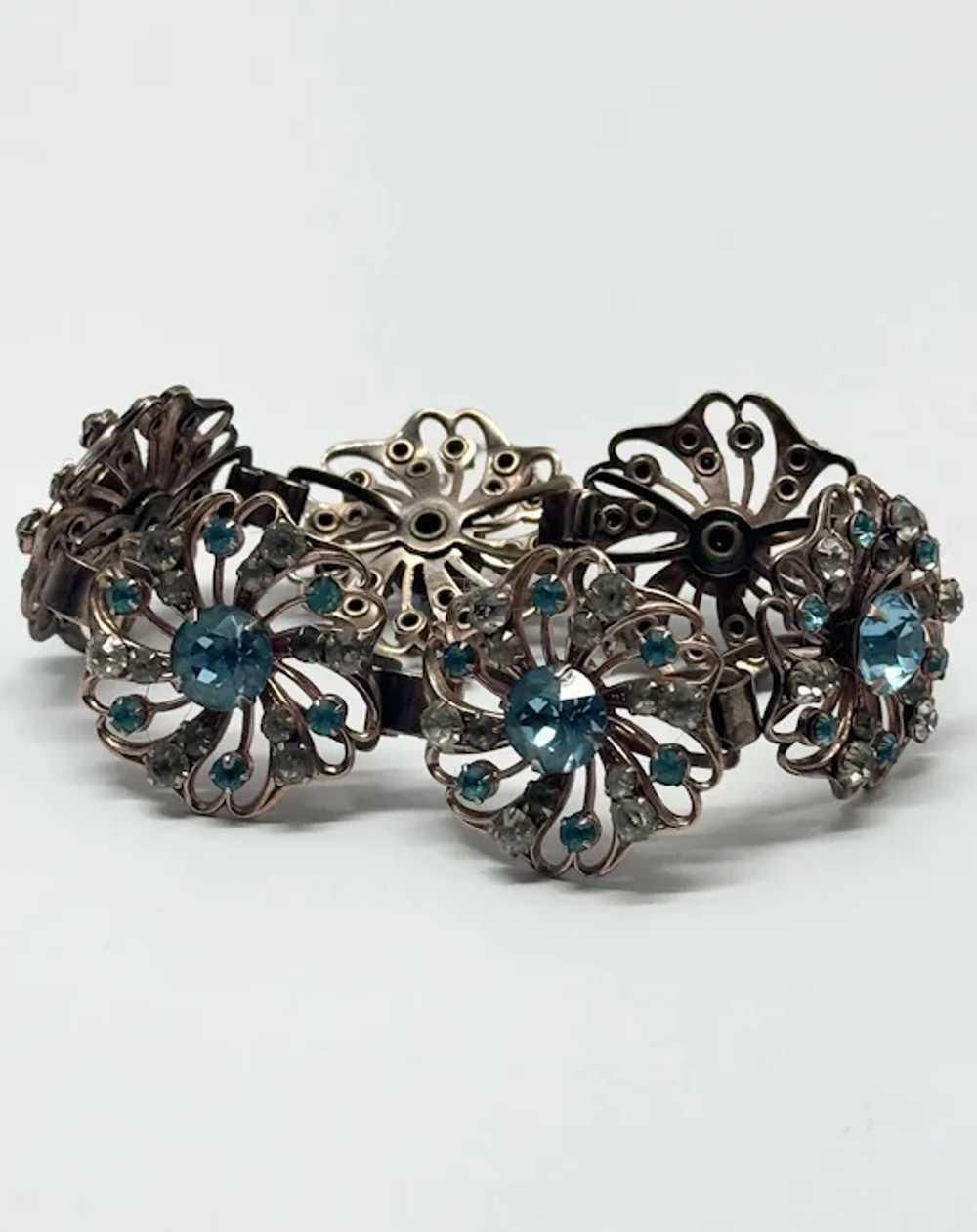 Vintage rose gold blue flower rhinestone bracelet - image 4