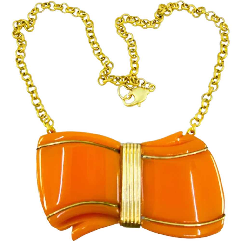Bow Necklace, Orange Bakelite with Brass Trim - image 1