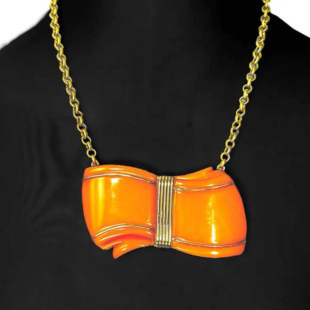 Bow Necklace, Orange Bakelite with Brass Trim - image 4