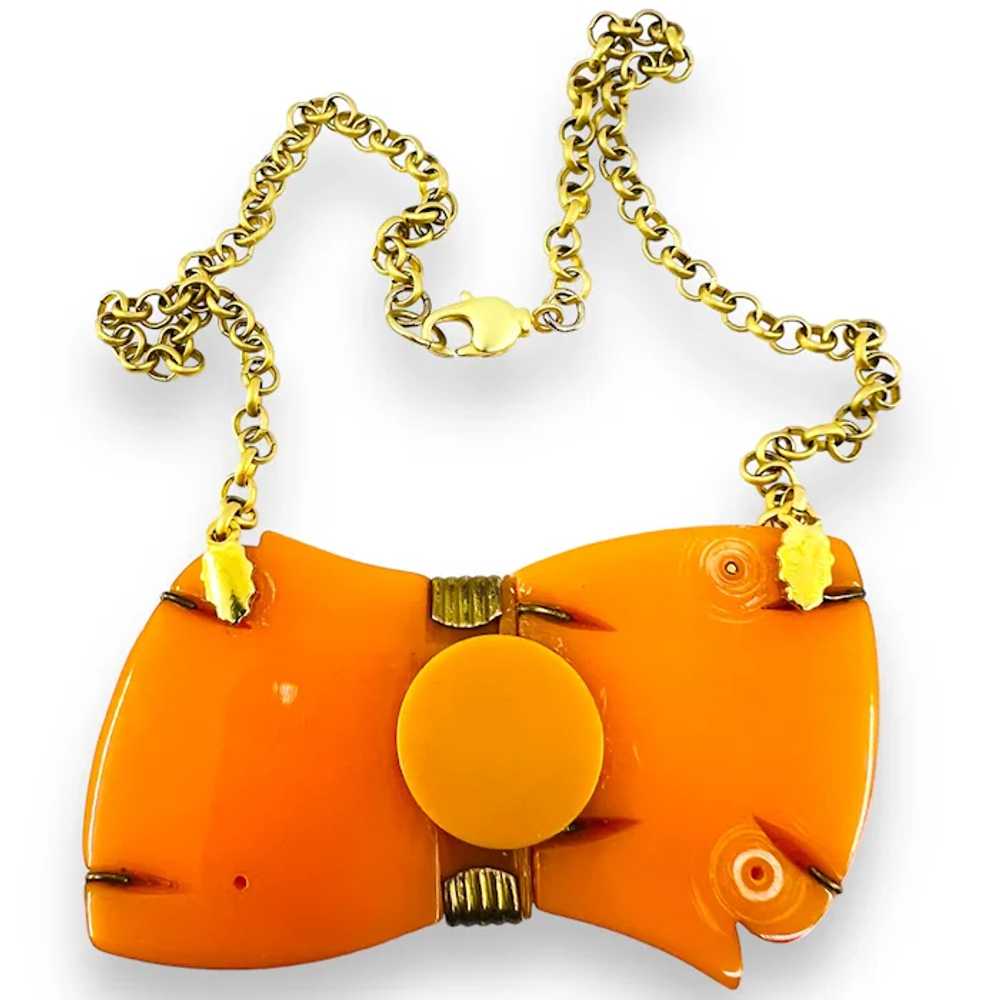Bow Necklace, Orange Bakelite with Brass Trim - image 5