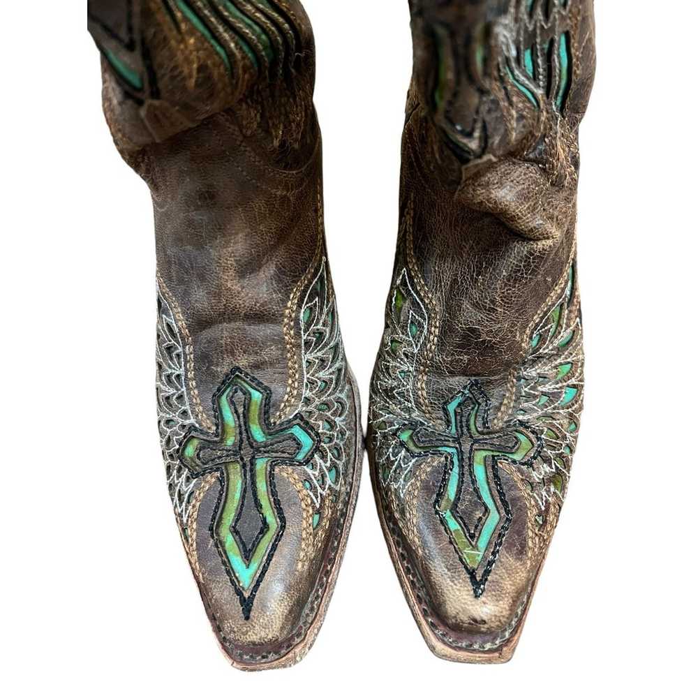 Ferrini Boots Brown Green Laser Floral Leather Cl… - image 3