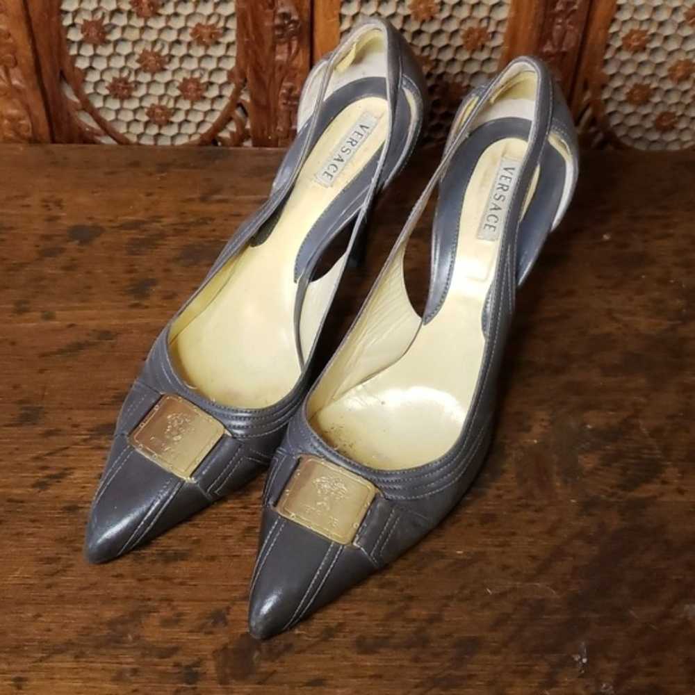 Vintage Versace Gray Women's Heels  with brass na… - image 1