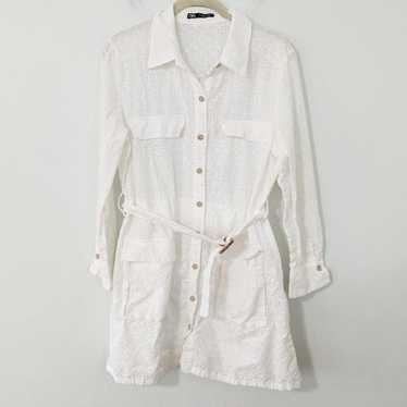 Zara Eyelet Button Front Shirt Dress Belted Pocke… - image 1