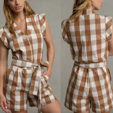 Anthropologie Whit Two Brown Gingham Cotton Romper