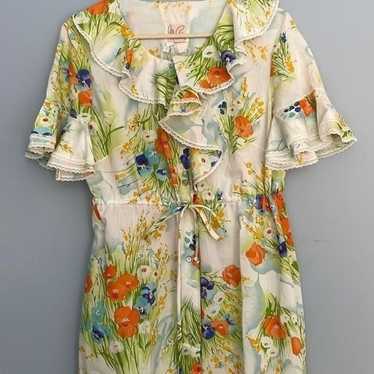 Miss Elaine Vintage Ruffled Floral House Coat Hou… - image 1