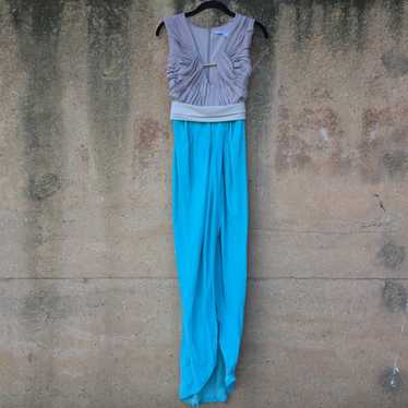 DVF Taupe Blue Colorblock Dress 0 Plunge High Slit