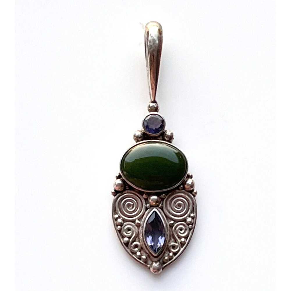 Vintage Silver Sajen PENDANT 2.5" Nephrite Jade A… - image 3