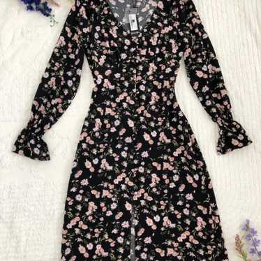 Black Floral Print Midi Dress