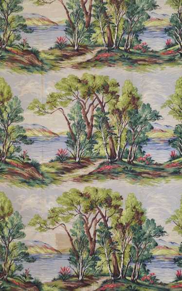 Vintage Lake Scene Barkcloth Fabric 1950s, Trees, 