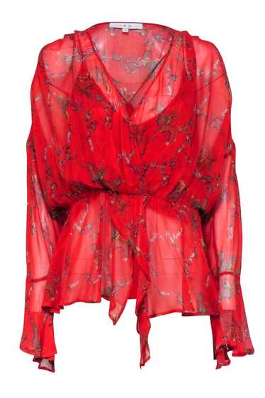 IRO - Red Floral Print Semi-Sheer Bell Sleeve Top 