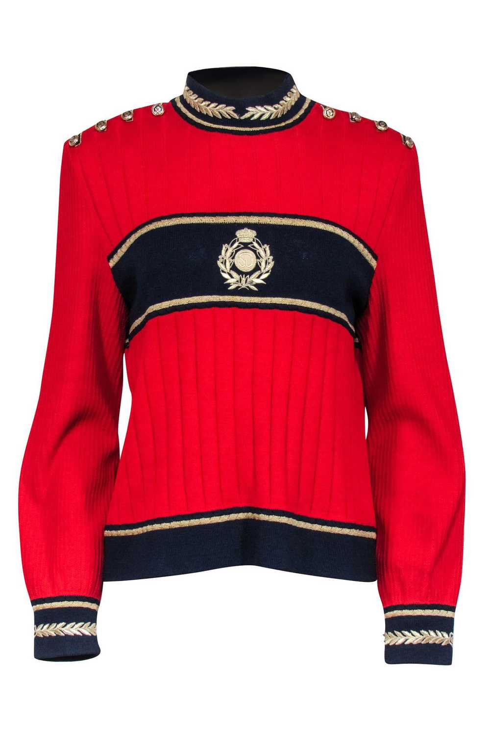 St. John - Red Knit Sweater w/ Gold & Navy Detail… - image 1