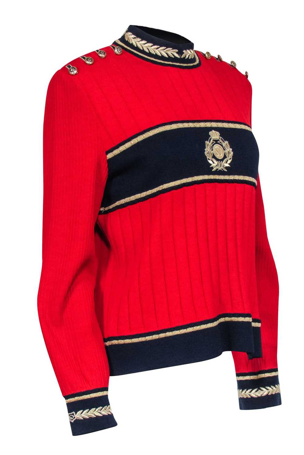 St. John - Red Knit Sweater w/ Gold & Navy Detail… - image 2
