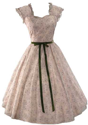 Charming Late 1950s Pink Floral Cameo Plissé Dress