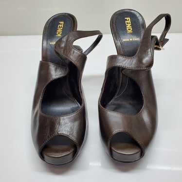 Fendi Dark Brown Leather Peep Toe Slingback Heels… - image 1