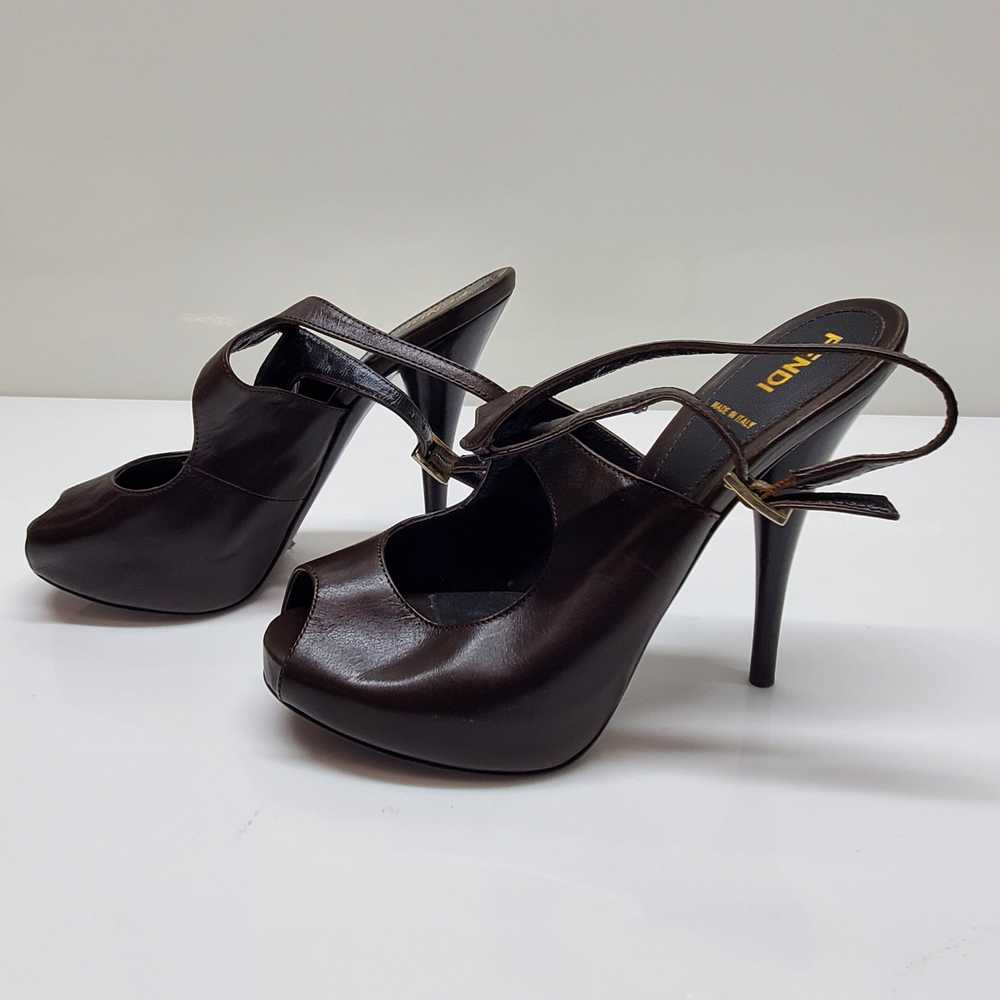 Fendi Dark Brown Leather Peep Toe Slingback Heels… - image 2