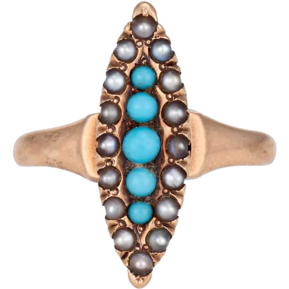 Antique Victorian Navette Ring Turquoise Seed Pea… - image 1