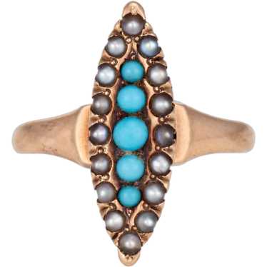 Antique Victorian Navette Ring Turquoise Seed Pea… - image 1